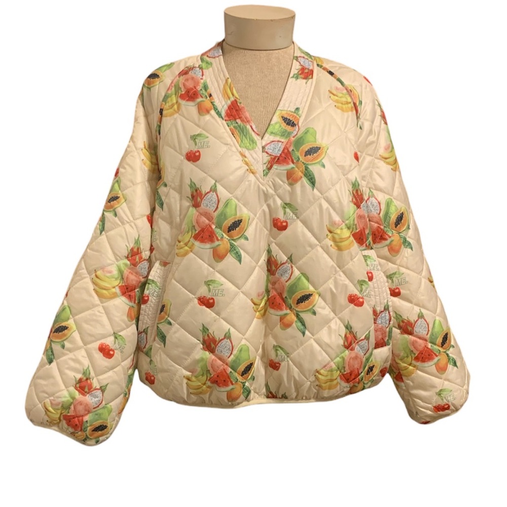 Melody Ehsani fruit print quilted pullover v-neckline and side pockets NWT